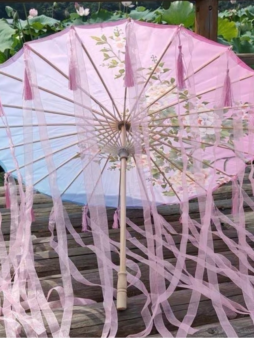 Pink Floral Paper Parasol with Tassels - Elegant Party Umbrella